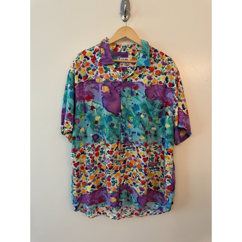 Vintage 80s Jams World Abstract Floral Shirt Mens XL Watercolor Hawaiian Rayon